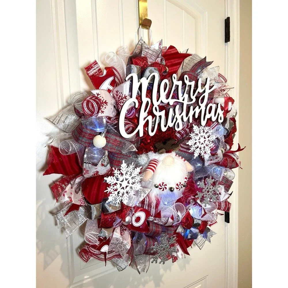Handmade Christmas Reindeer Gnome Holiday Ribbon Door Wreath 26 ins LED XLW4
